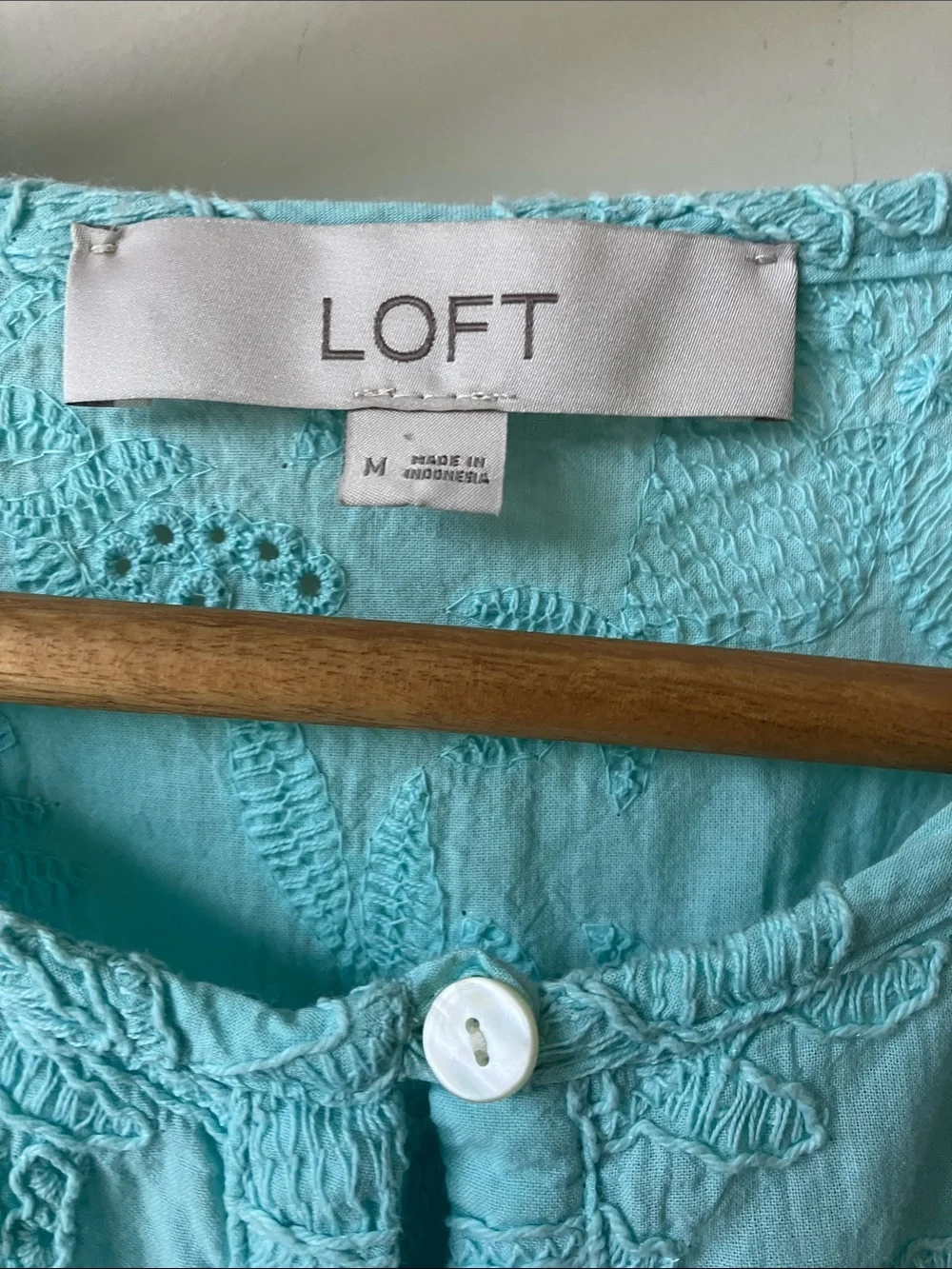 LOFT Feminine Aqua Embroidered Henley Blouse Half Elastic Sleeves Cotton Size M